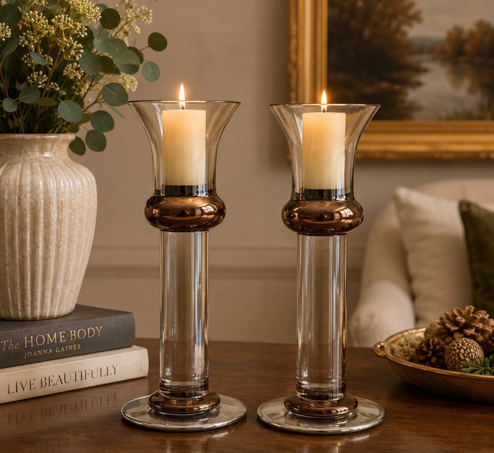 Vintage Krosno Poland Smoked Glass Copper Band Candlestick Holders Pair 7.5”tall